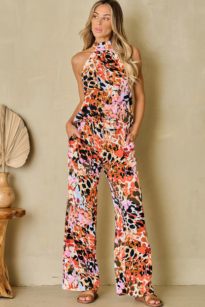 Black Multicolor Leopard Print Halter Tank Top and Pants Set