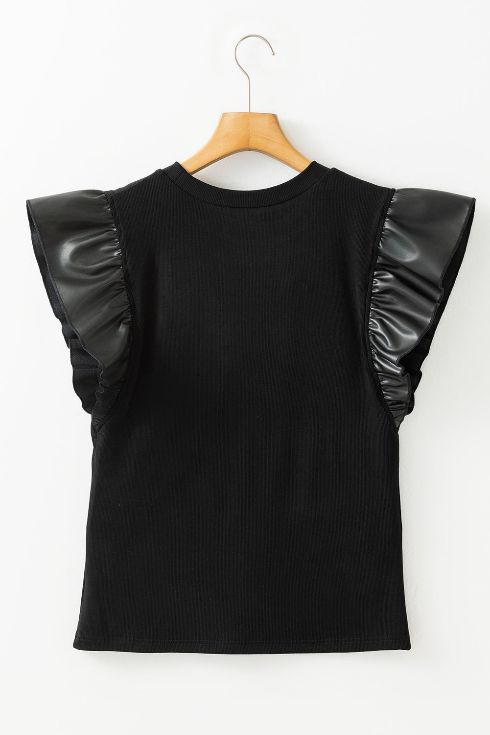 Black Leather Ruffle Sleeve Blouse