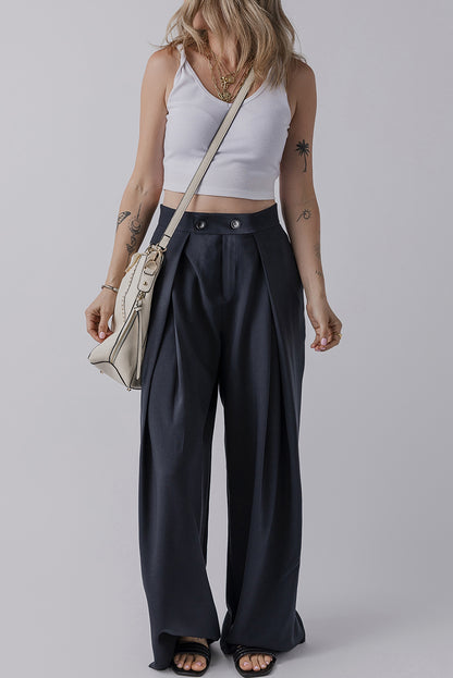 Navy Blue High Waist Pleated Wide Leg Pants