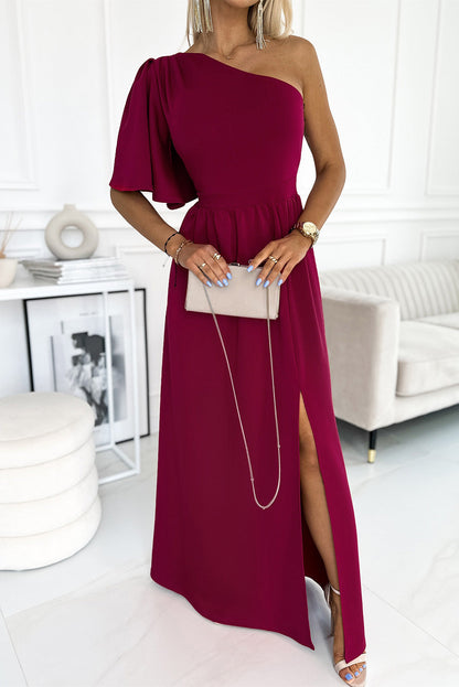 Burgundy One Shoulder Evening Dress