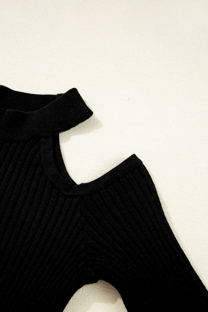 Black Ribbed Cold Shoulder Sweater