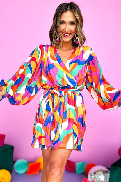 Multicolor Abstract Printed Belted Mini Dress