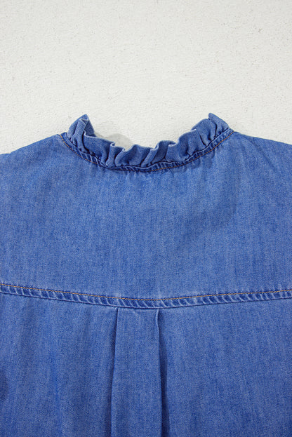 Blue Frilled Button Up Denim Shirt