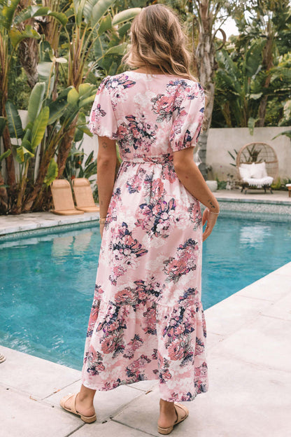 Pink Floral Puff Sleeve Maxi Dress