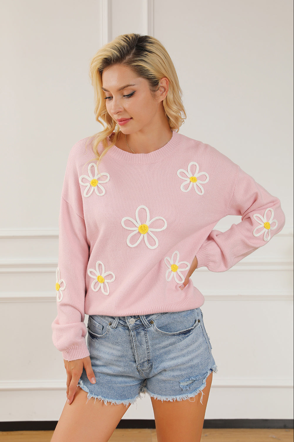 Pink Chenille Daisy Crew Neck Sweater