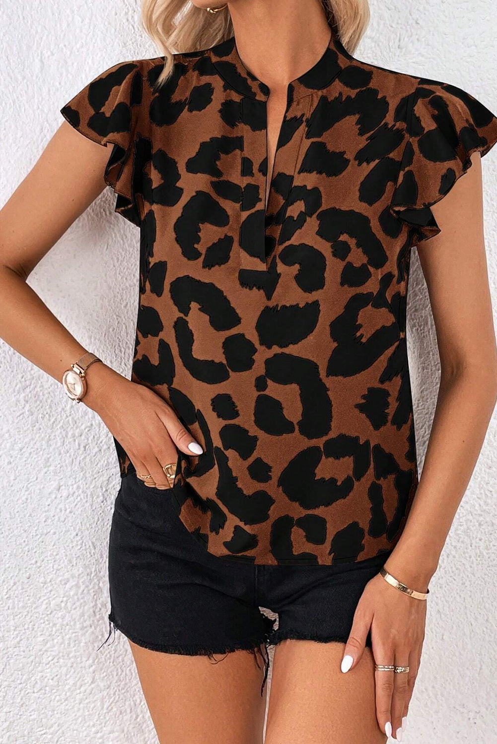 Black Ruffled Flutter Sleeve Blouse