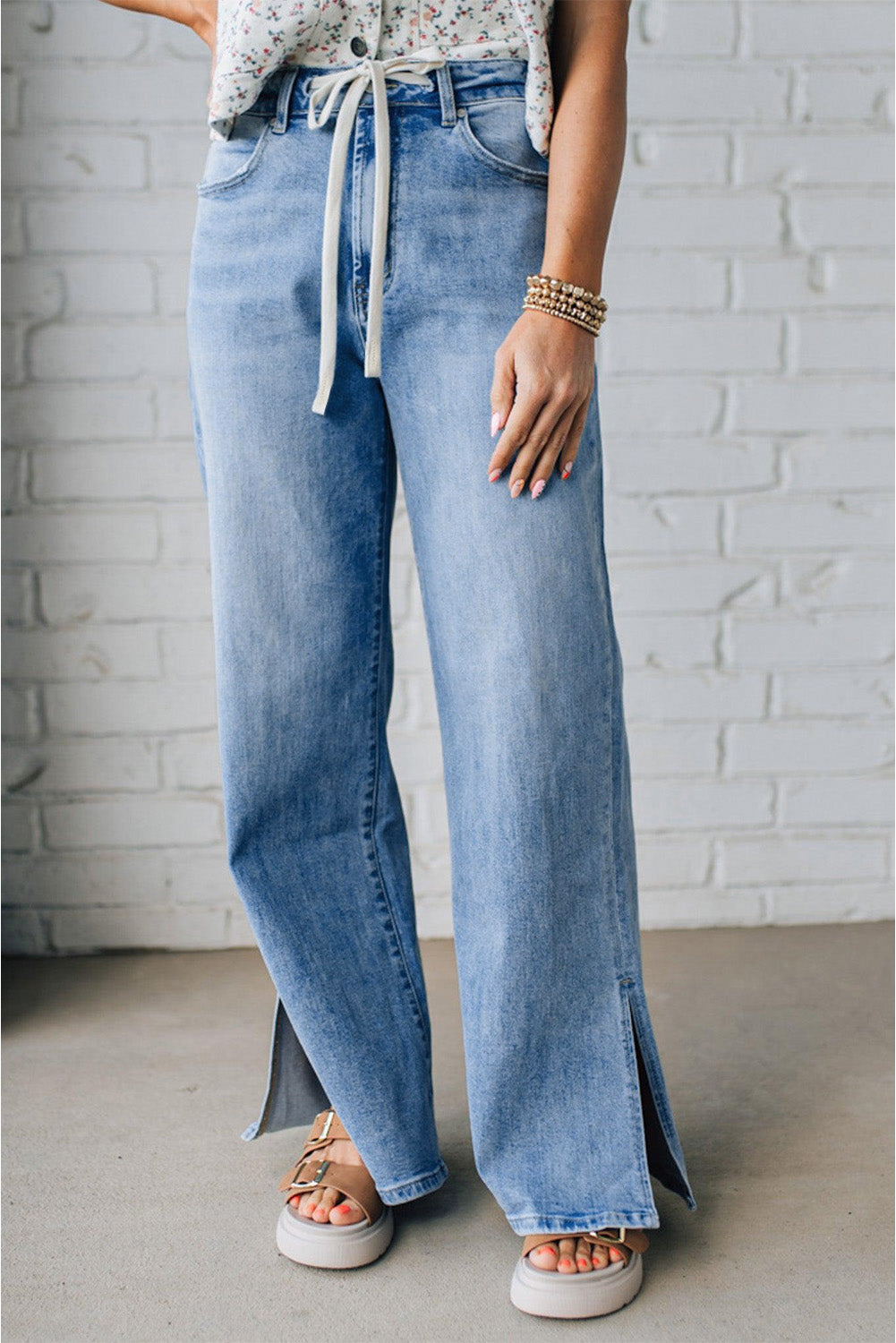 Blue High Rise Drawstring Jeans