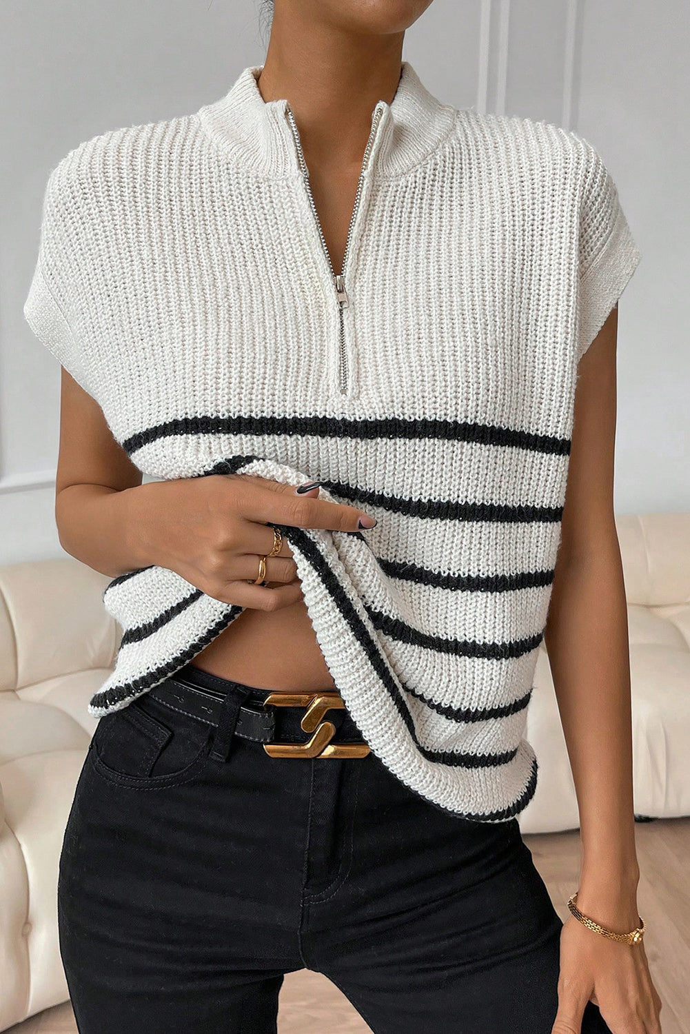 White Stripe Half Zip Sweater T-shirt