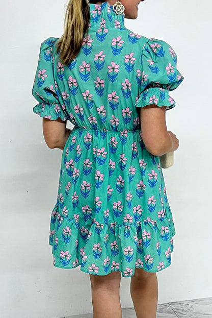 Green Floral Frill High Waist Mini Dress