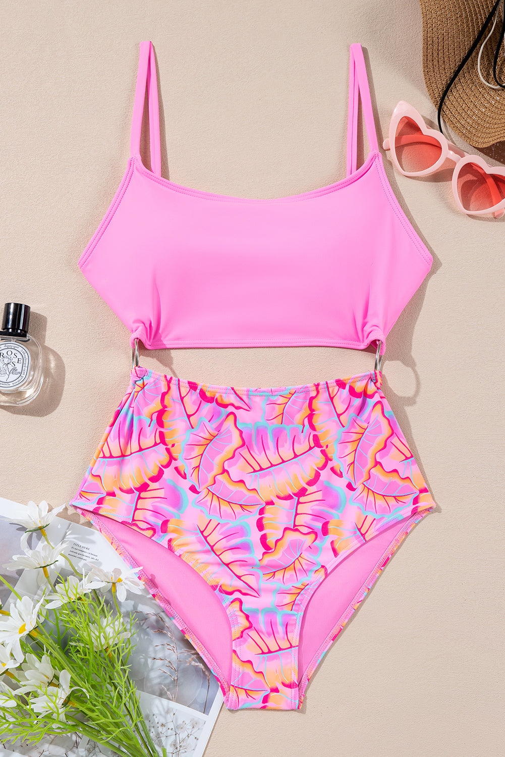 Rose Leafy Print High Waist Monokini