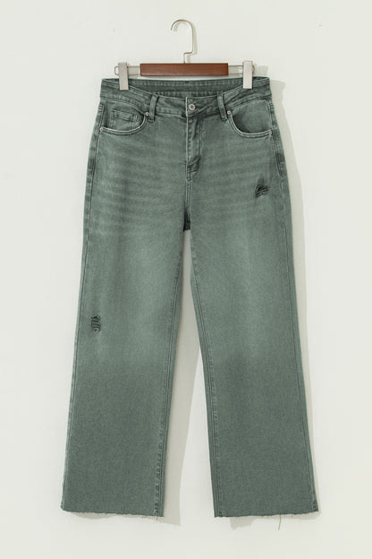 Green Washed Raw Edge Wide Leg Jeans