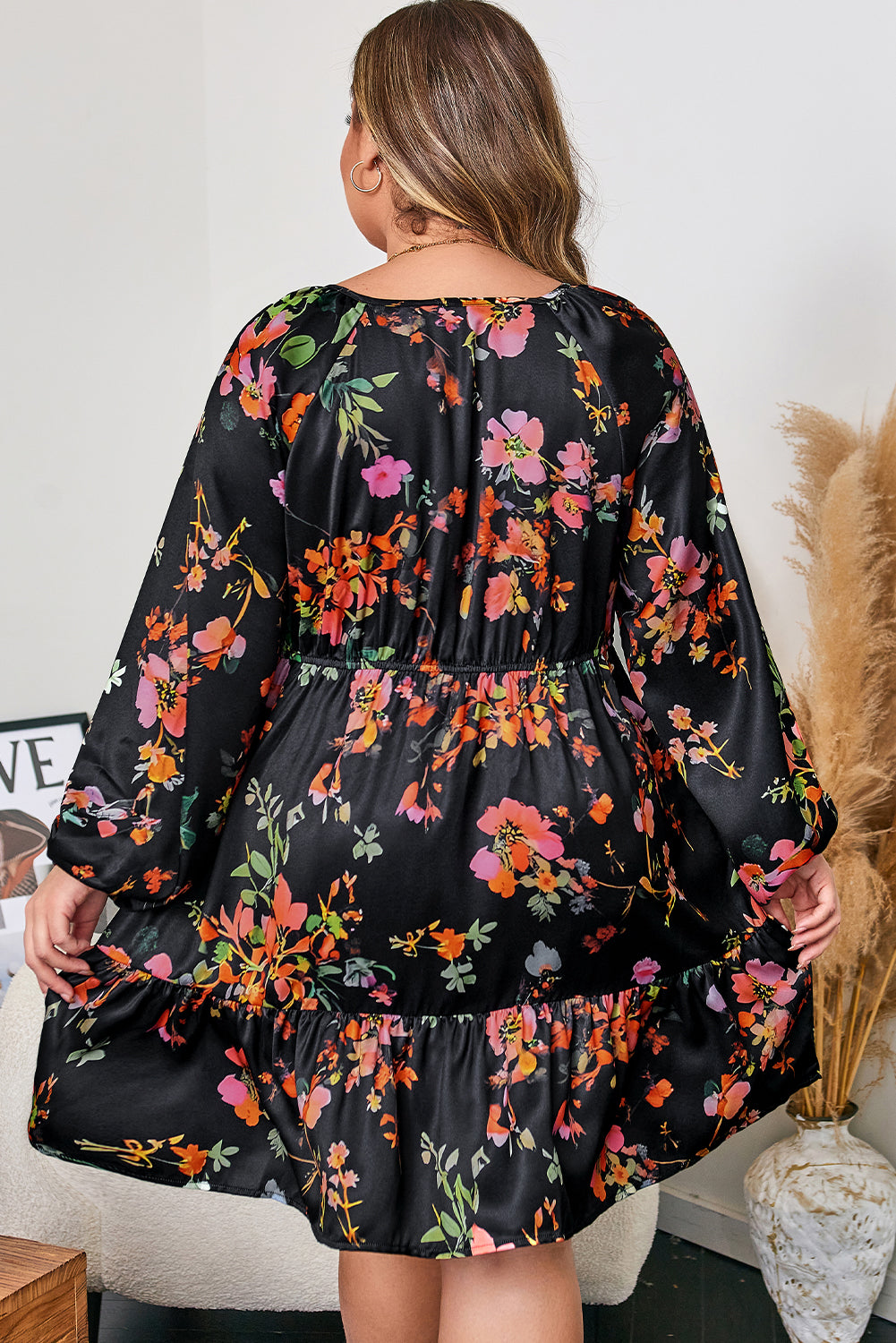 Black Plus Size Floral Long Sleeve Mini Dress
