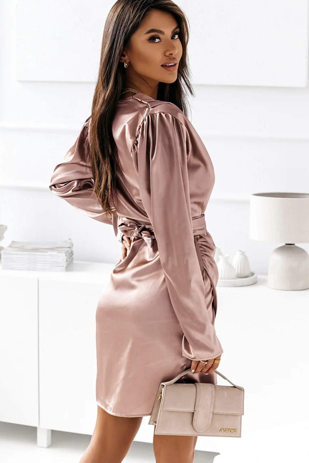 Pink Satin Ruched Mini Dress