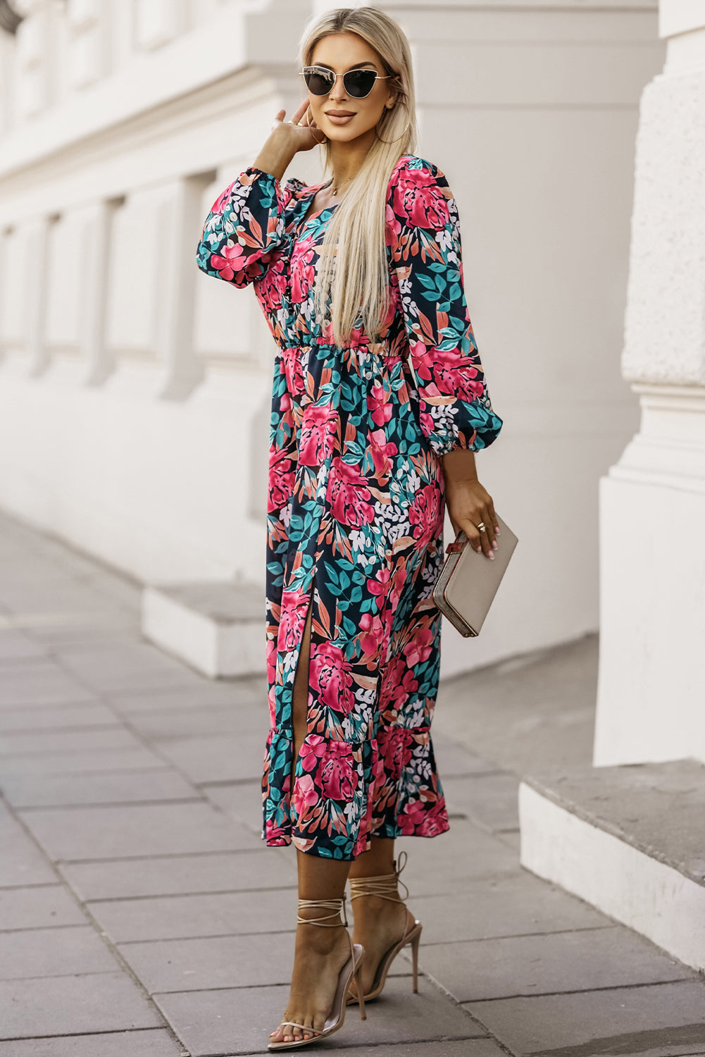 Floral V Neck High Waist Dress