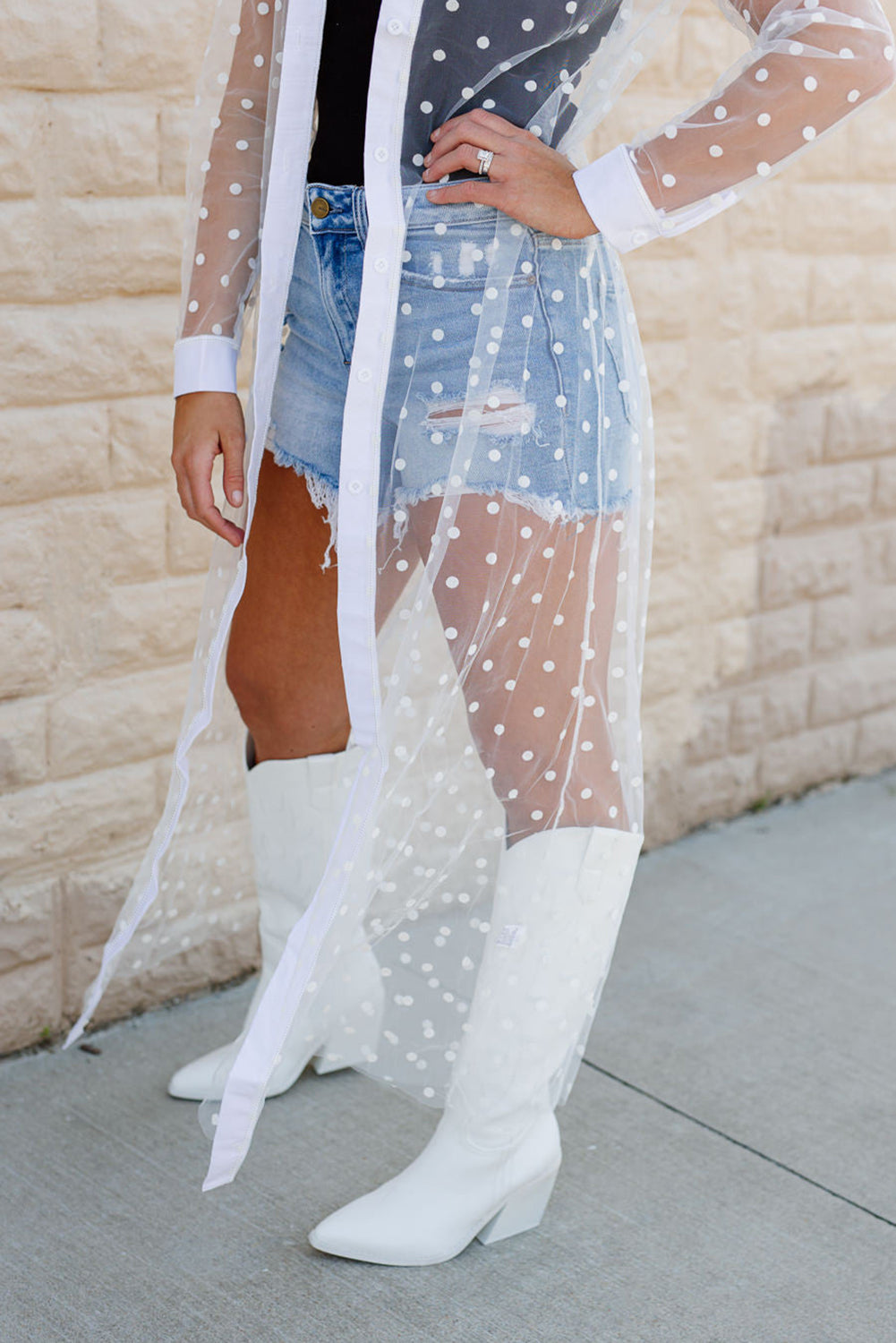 White Polka Dot Print Mesh Kimono