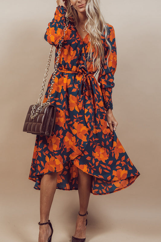 Orange Floral Faux Wrap Dress