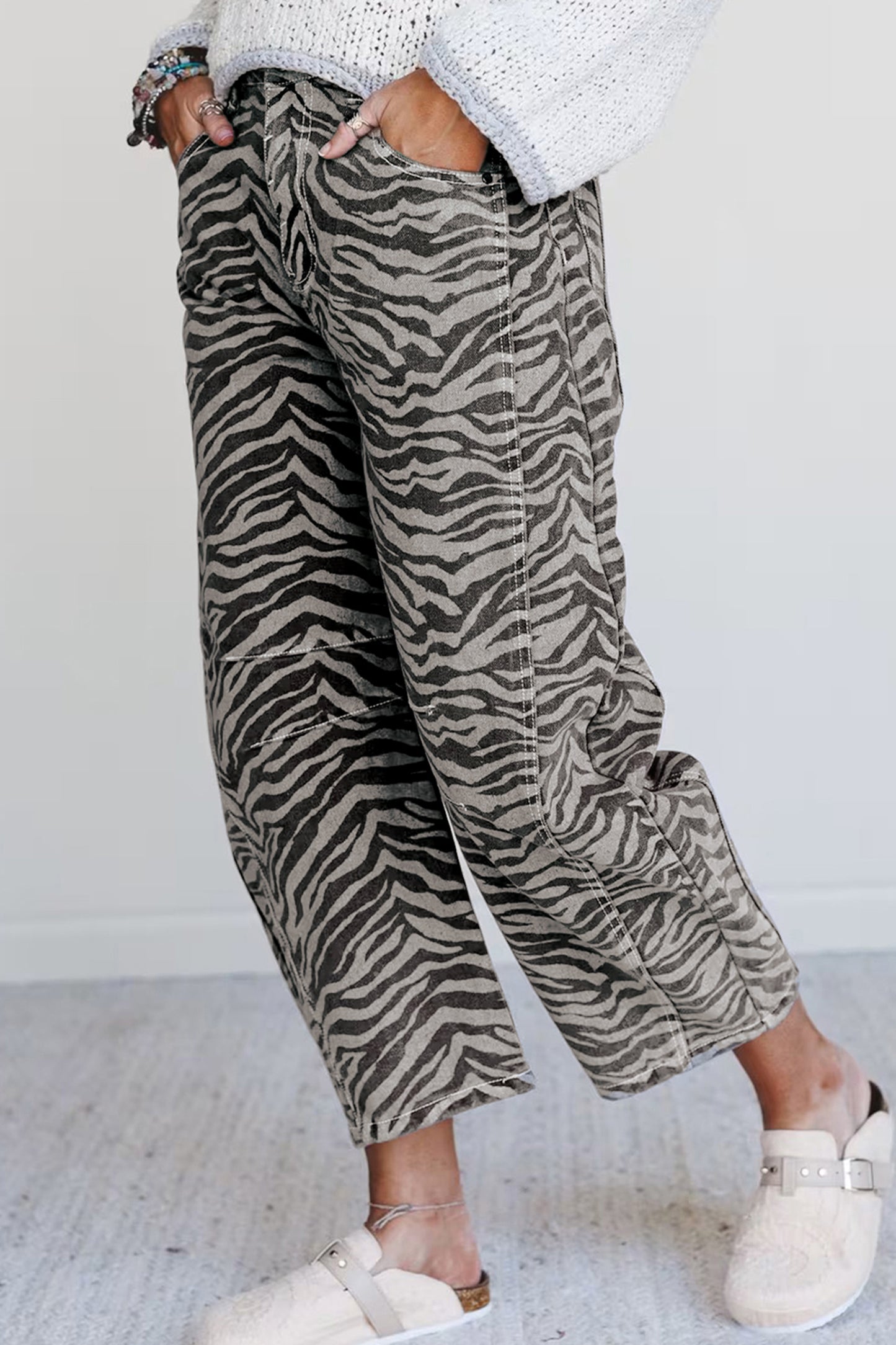 Grey Zebra Barrel Jeans