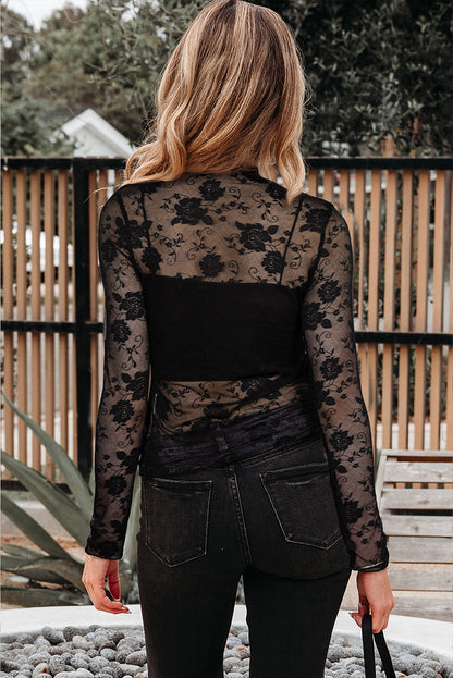 Black Sheer Floral Lace Long Sleeve Top