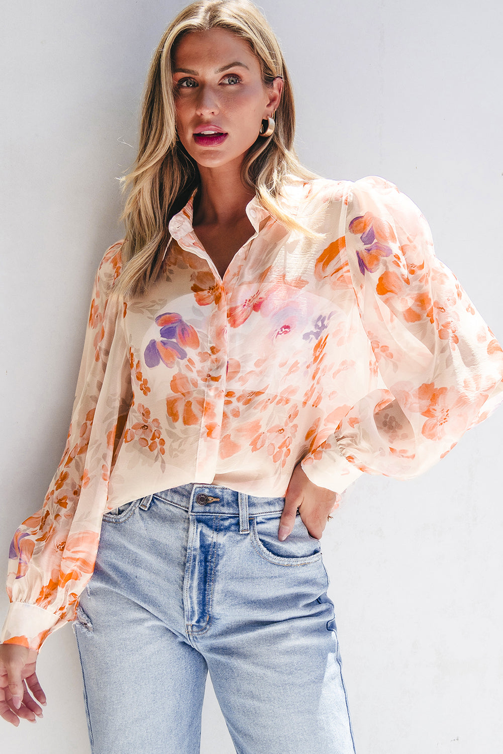 White Floral Print Loose Blouse