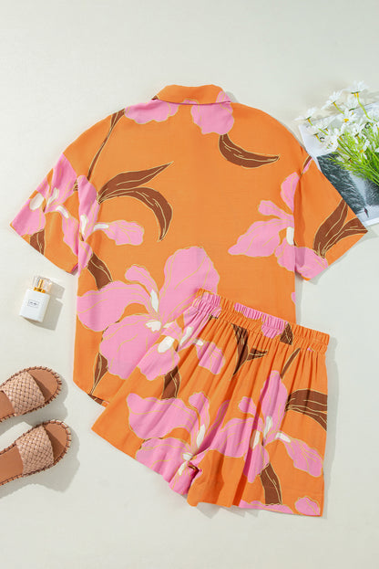 Russet Orange Floral Print Shirt and Shorts Set