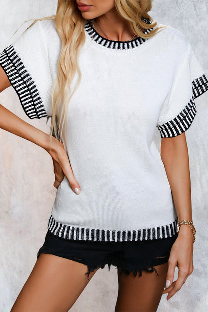 White Contrast Trim Knitted Top