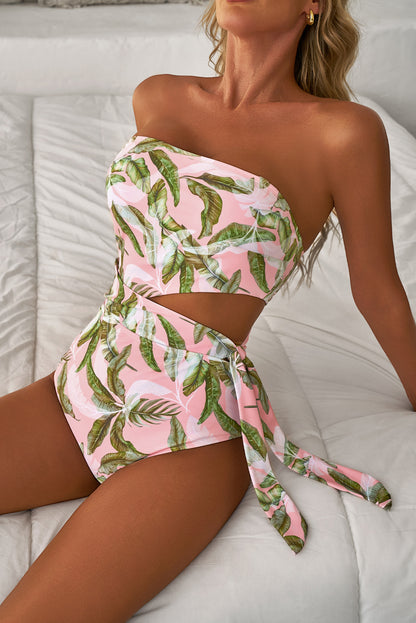 Pink Tropical Asymmetric One Piece Swimwear