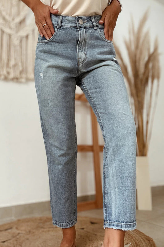 Blue Distressed Ankle-length Straight Jeans