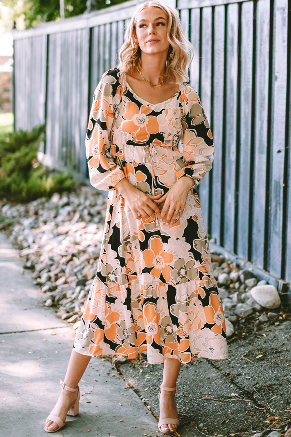 Beige Bold Floral Maxi Dress