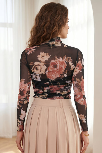 Brown Floral Mesh Long Sleeve Bodysuit