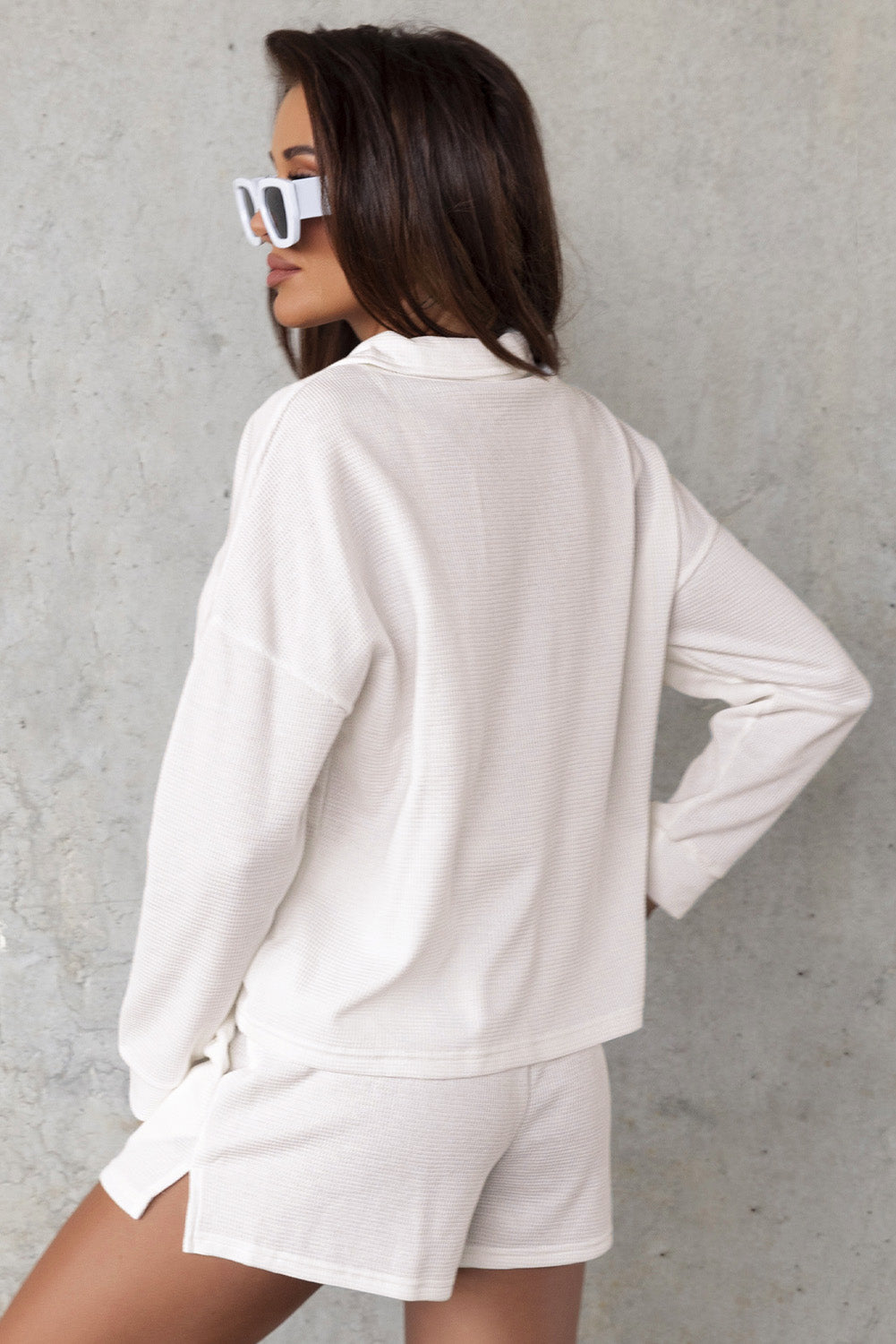 White Ribbed Sweatshirt & Shorts Set