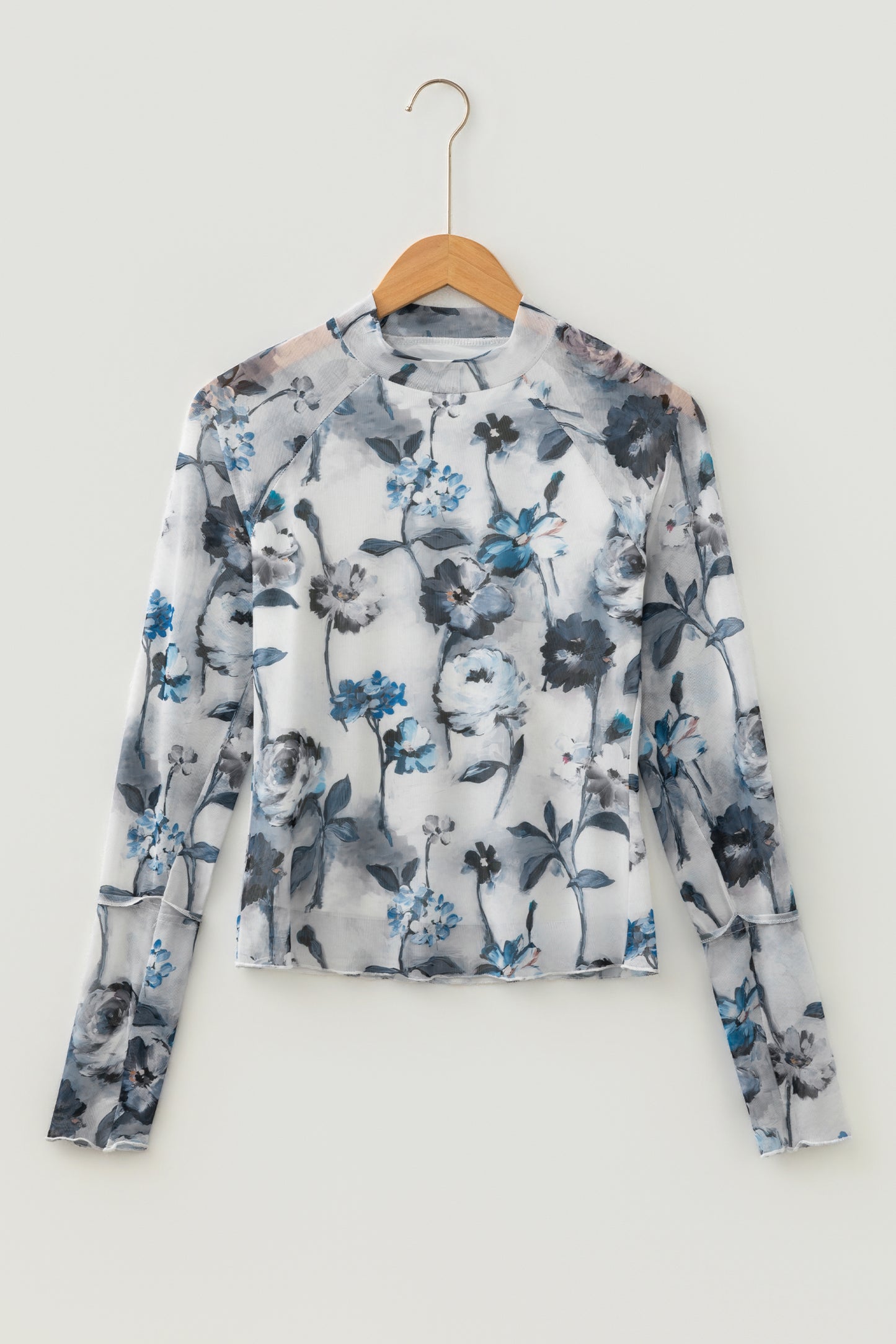Sky Blue Floral Mesh Long Sleeve Top