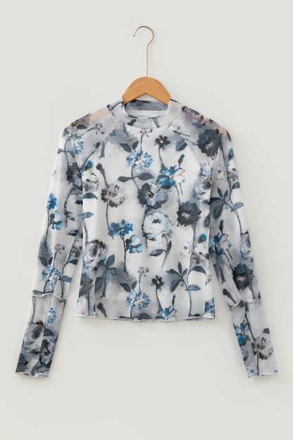 Sky Blue Floral Mesh Long Sleeve Top