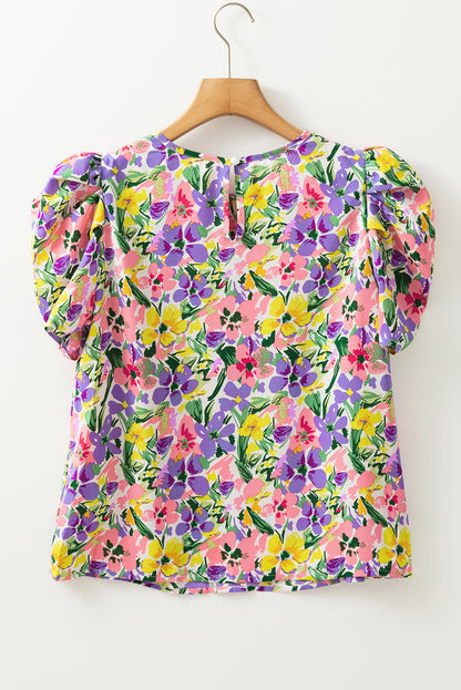 Purple Floral Short Sleeve Blouse