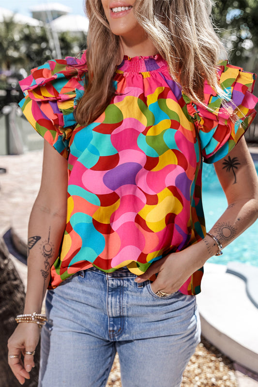Rose Ruffle Wavy Print Top