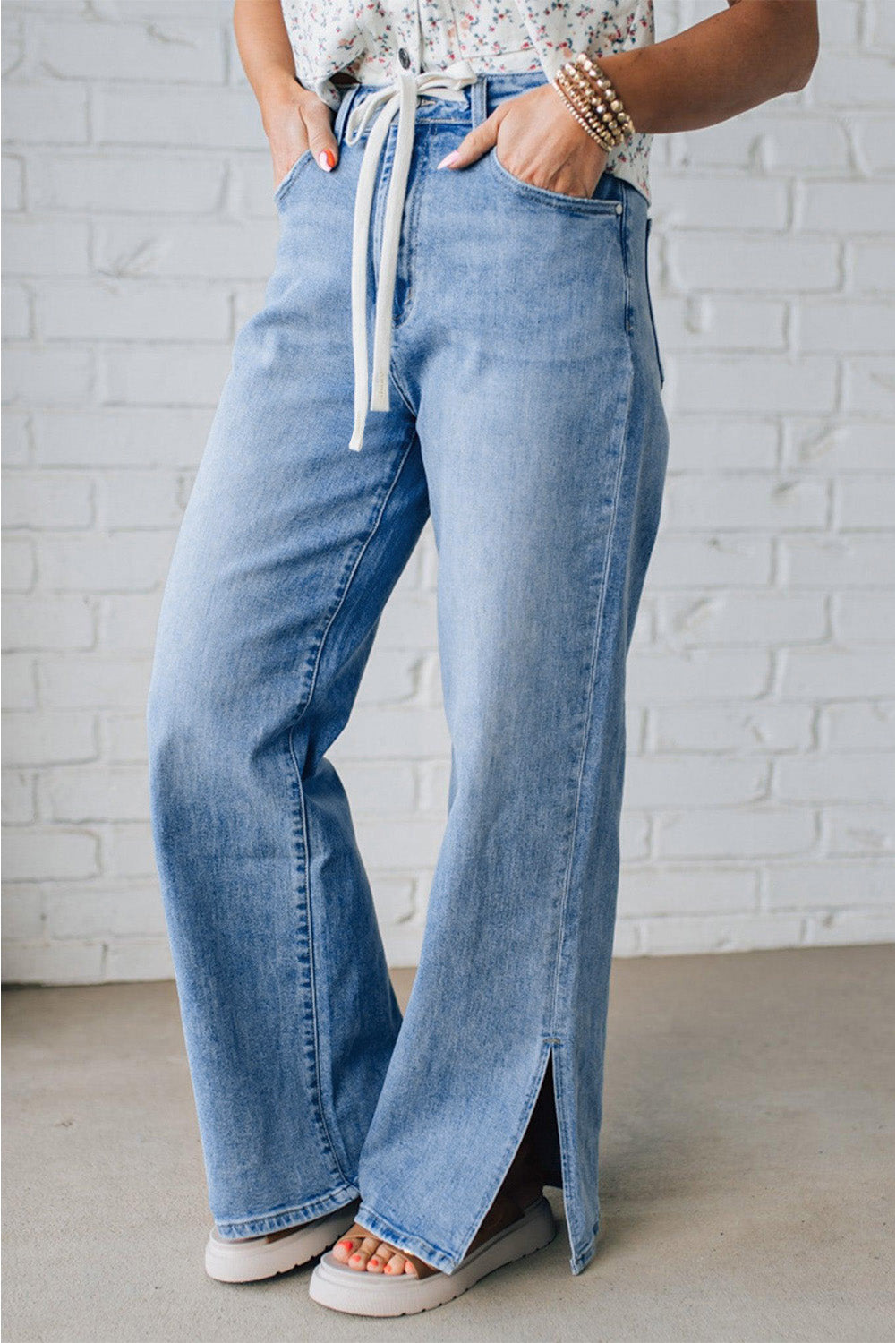 Blue High Rise Drawstring Jeans