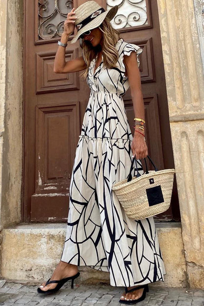 White Abstract Ruffle Maxi Dress