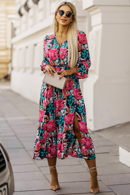 Floral V Neck High Waist Dress