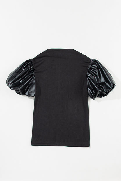 Black Faux Leather Puff Short Sleeve Top