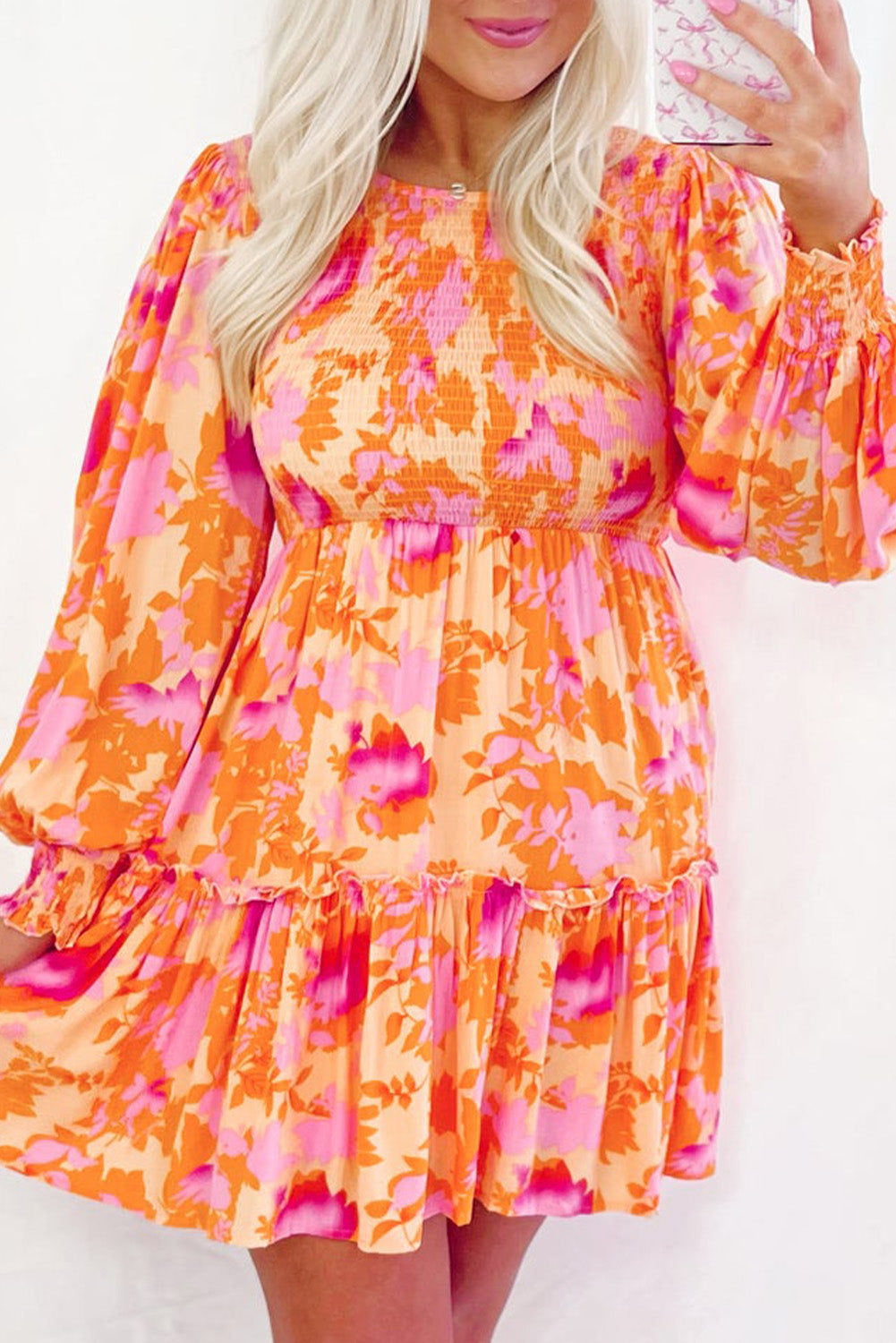 Orange Abstract Ruffle Mini Dress