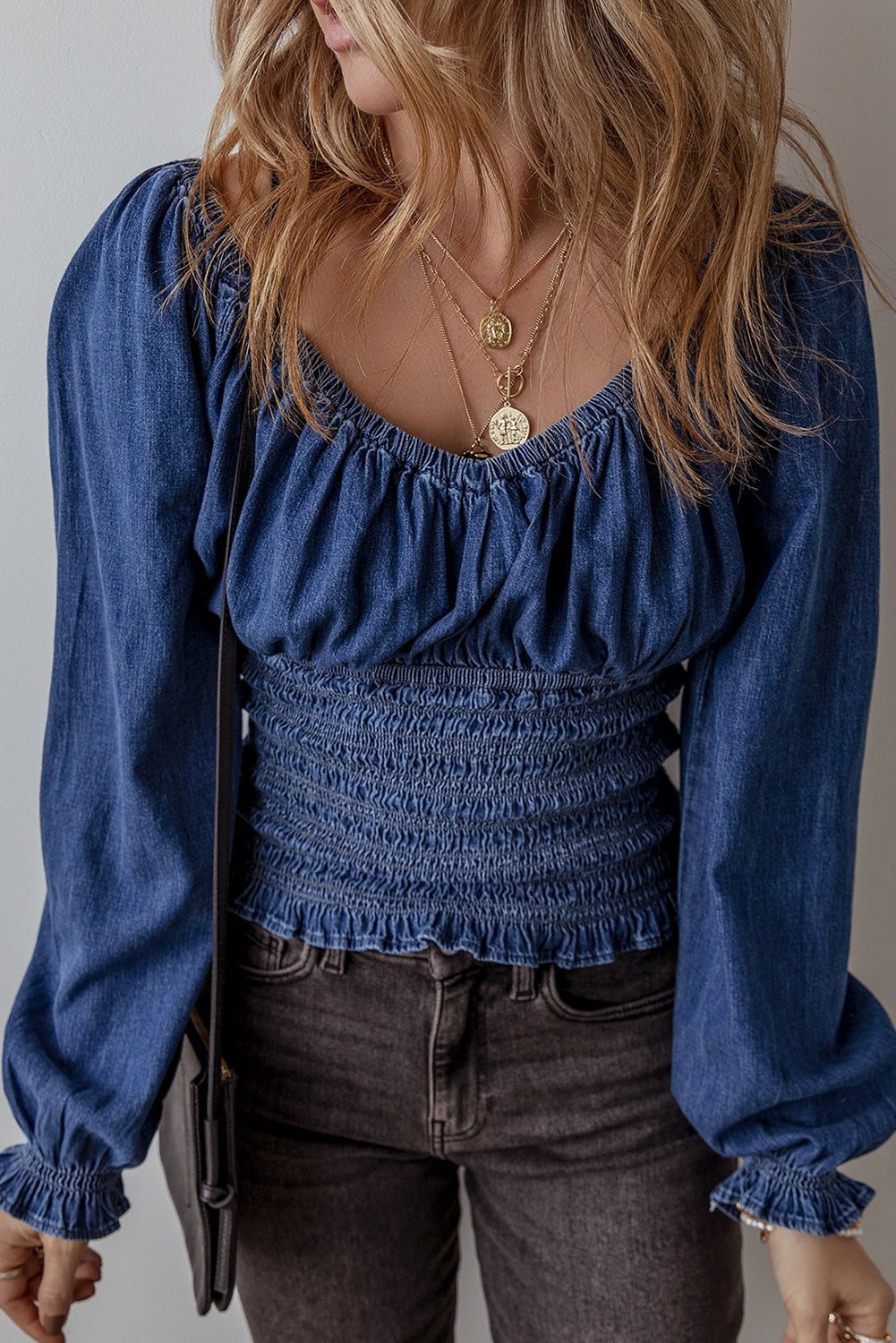 Dark Blue Smocked Denim Blouse