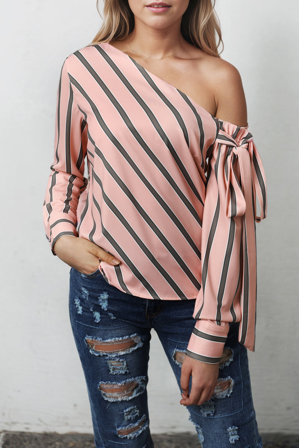 Pink Striped Asymmetric Blouse