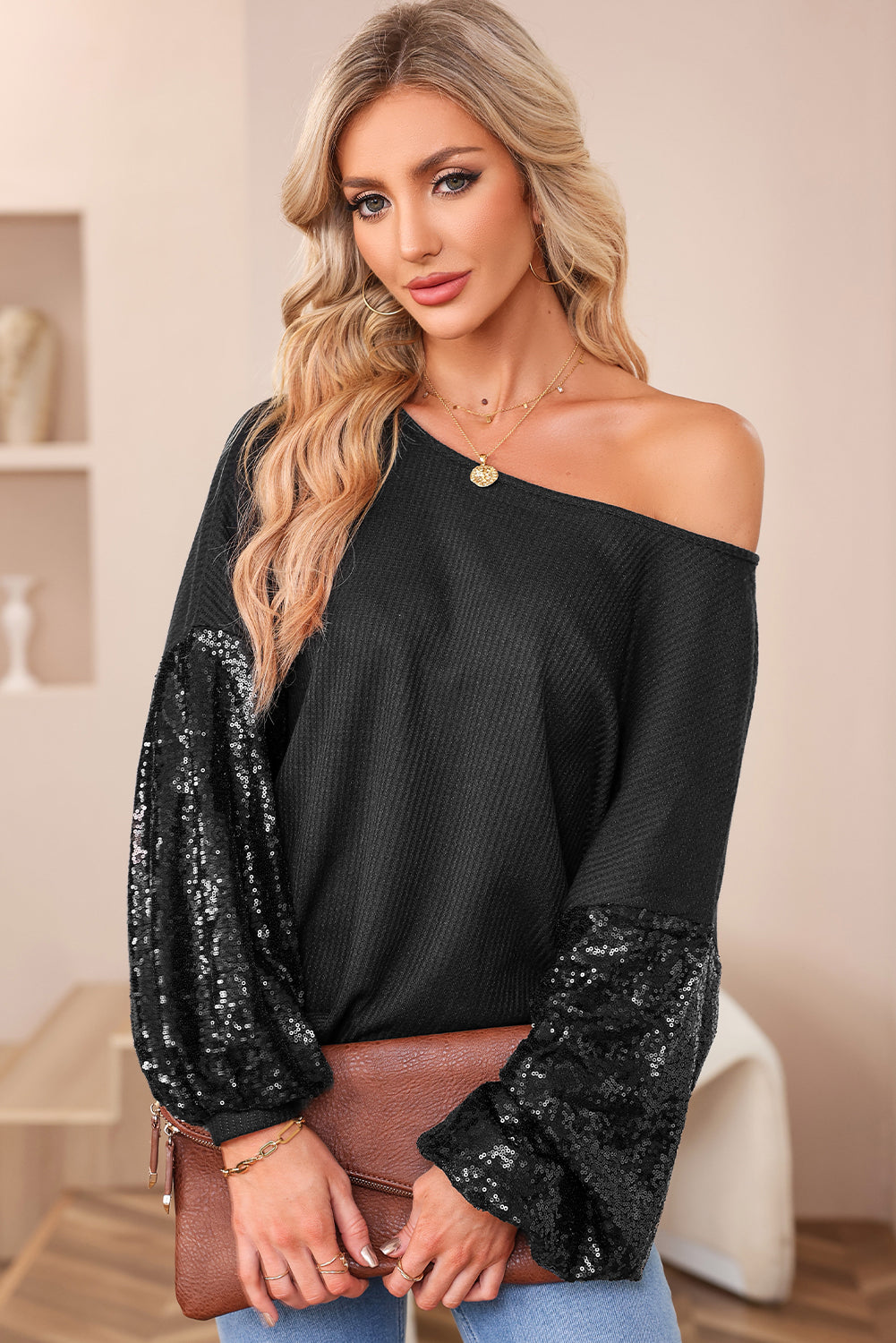 Sequin Open Back Knit Top