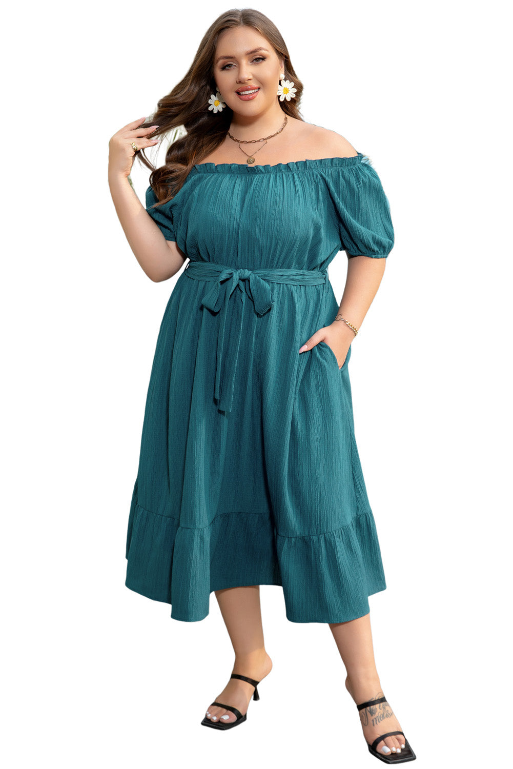 Teal Frilled U Neck Plus Size Midi Dress