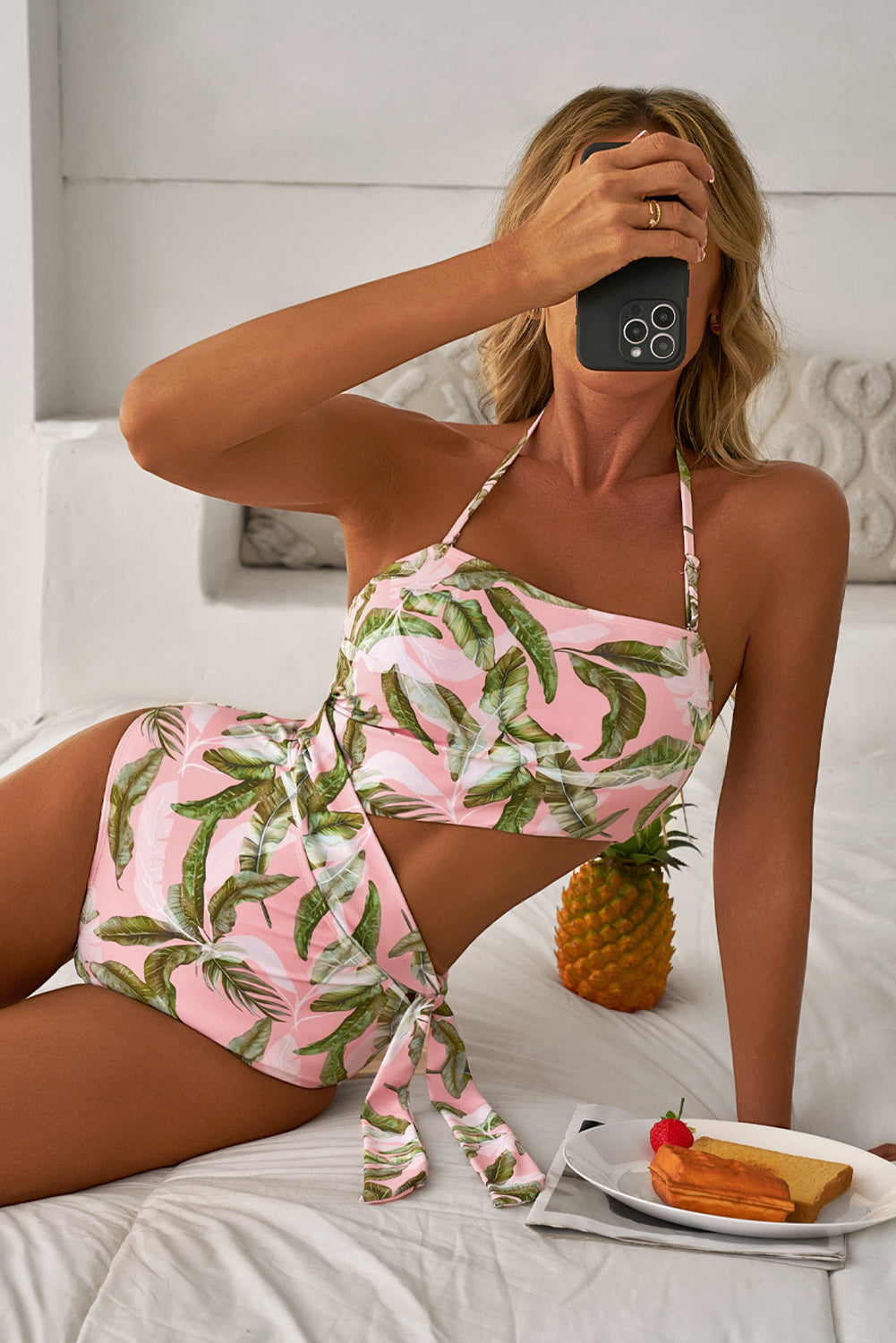 Pink Tropical Asymmetric One Piece Swimwear