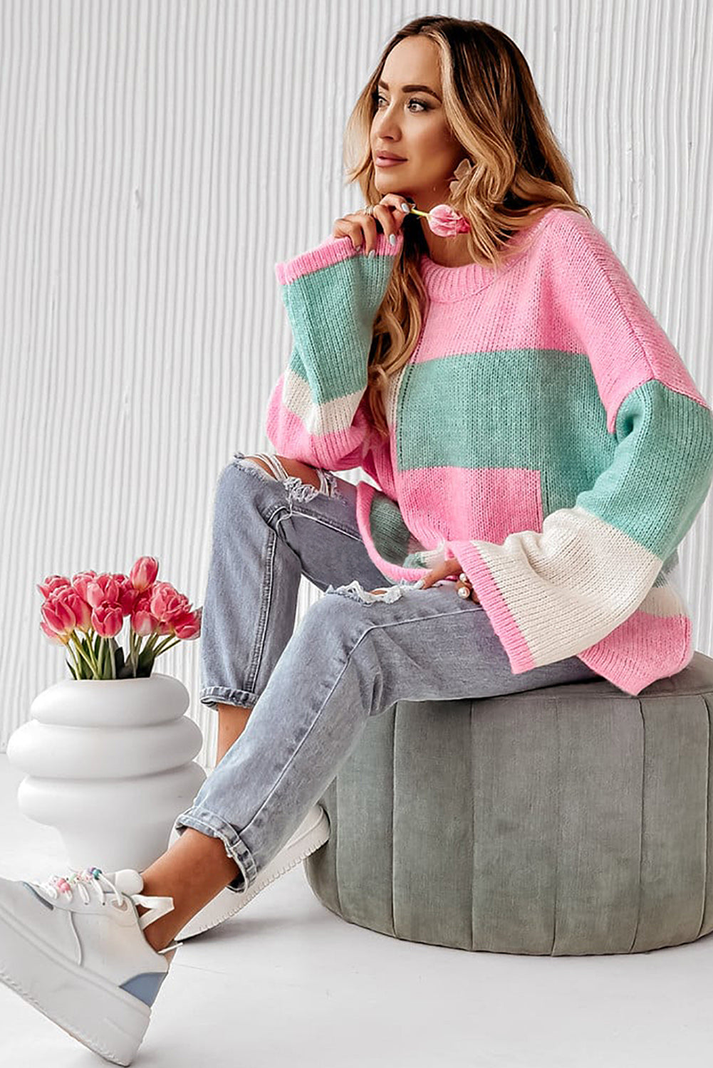 Pink Colour block Bell Sleeve Sweater