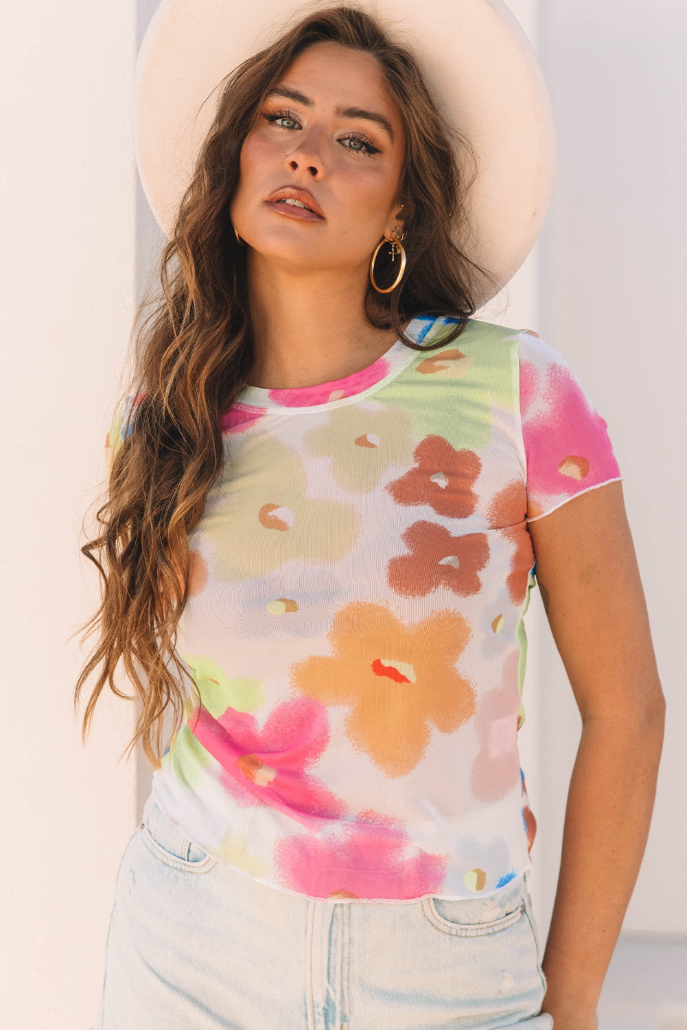 Multicolour Floral Mesh Crop T Shirt