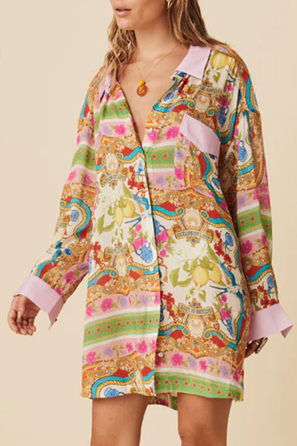 Multicolour Boho Long Sleeve Shirt Dress