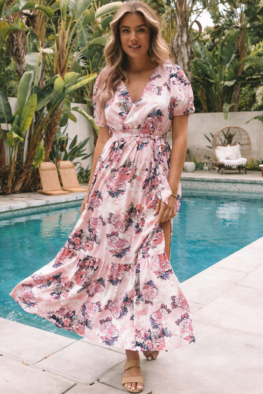 Pink Floral Puff Sleeve Maxi Dress