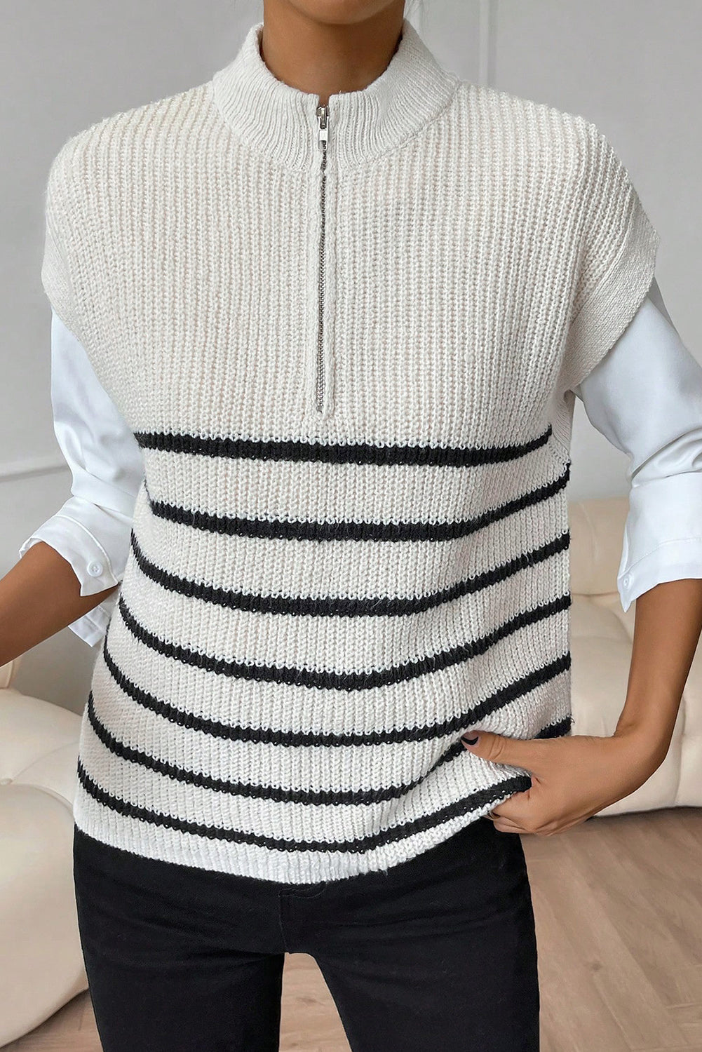 White Stripe Half Zip Sweater T-shirt