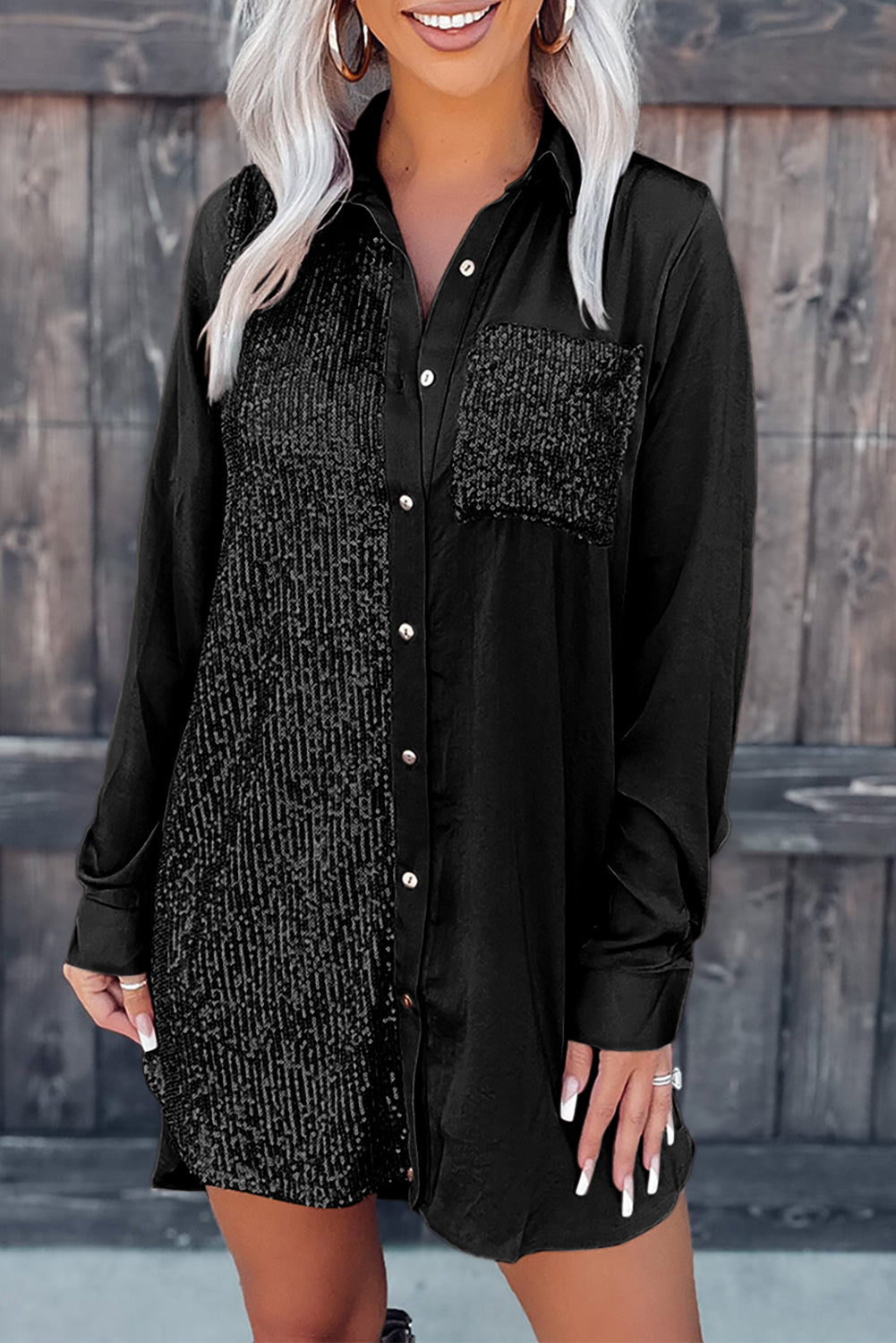 Black Sequin Buttoned Shirt Dress